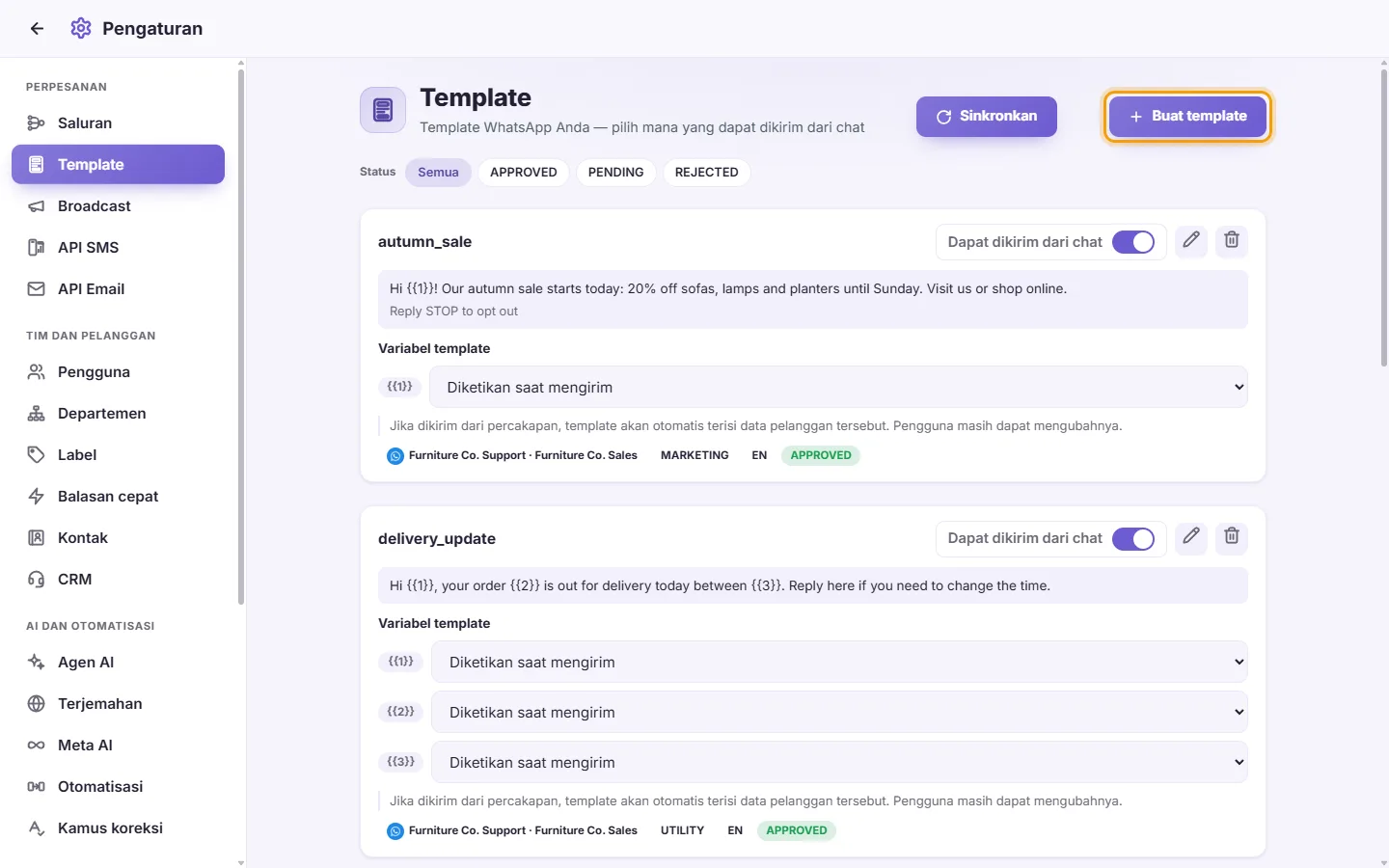 Settings, Templates: the template cards, the filters for their status, and the "Create template" button