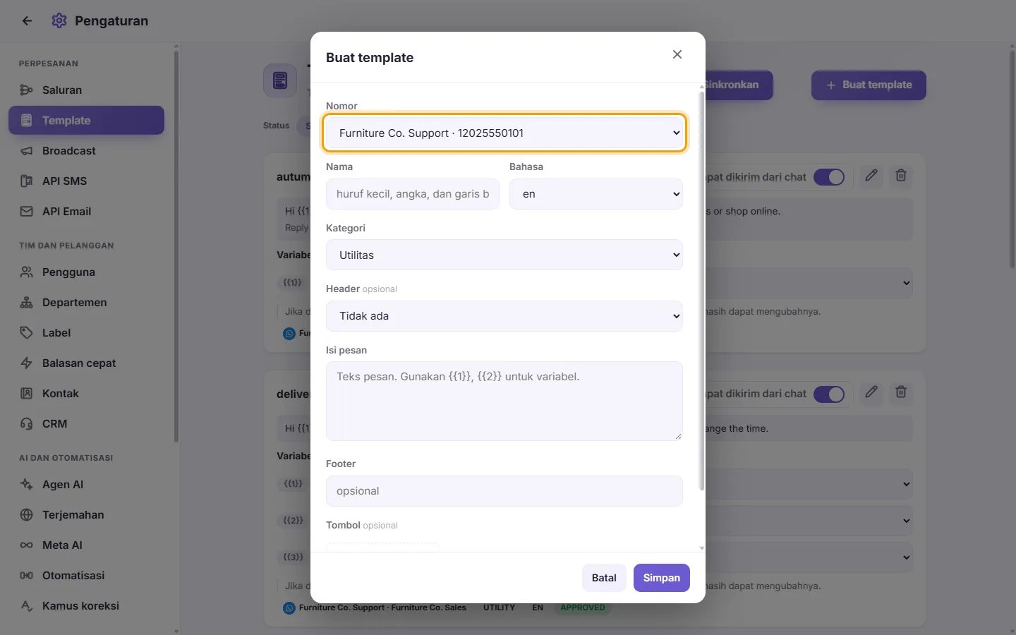 The new template form: the number it belongs to first, then its name, category, language and content