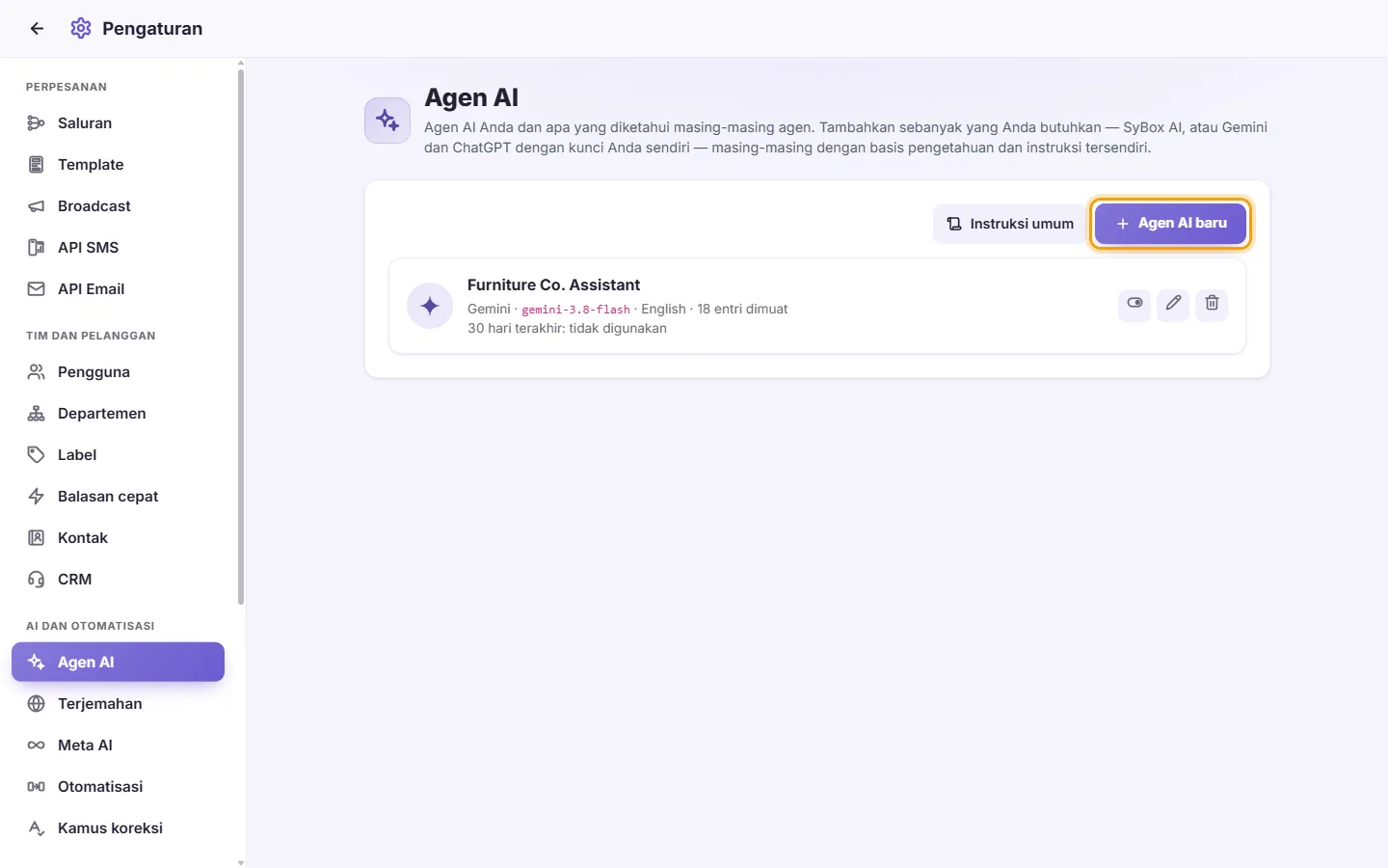 Settings, AI Agents: the agents already made and the "New AI agent" button