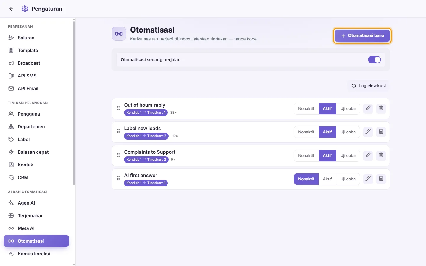Settings, Automations: rules that run on their own, with their runs, and the "New automation" button