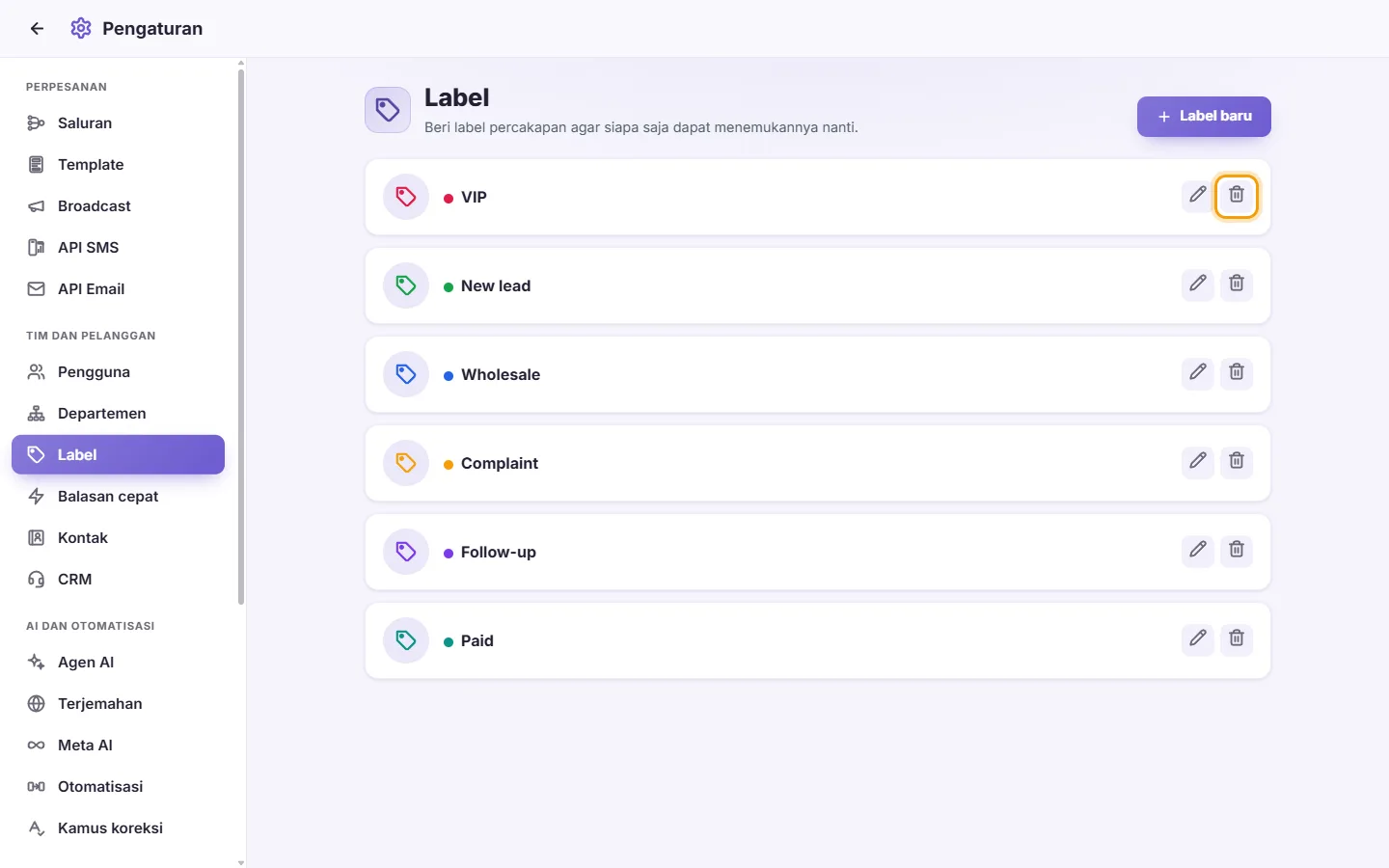 To delete a label: "Delete" marked on the screen in SyBox