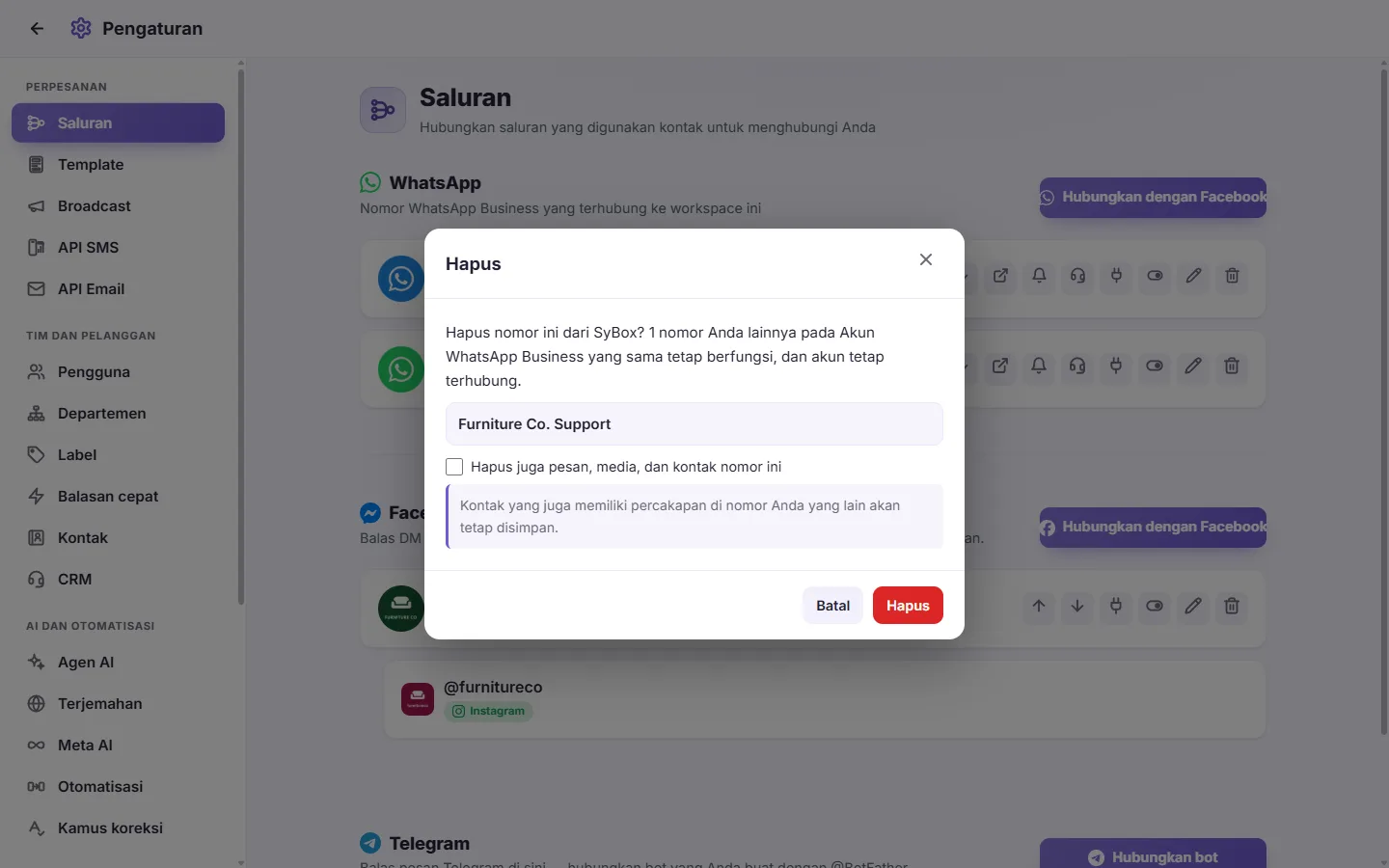 The question SyBox asks before it deletes a number, with the option to erase its messages too
