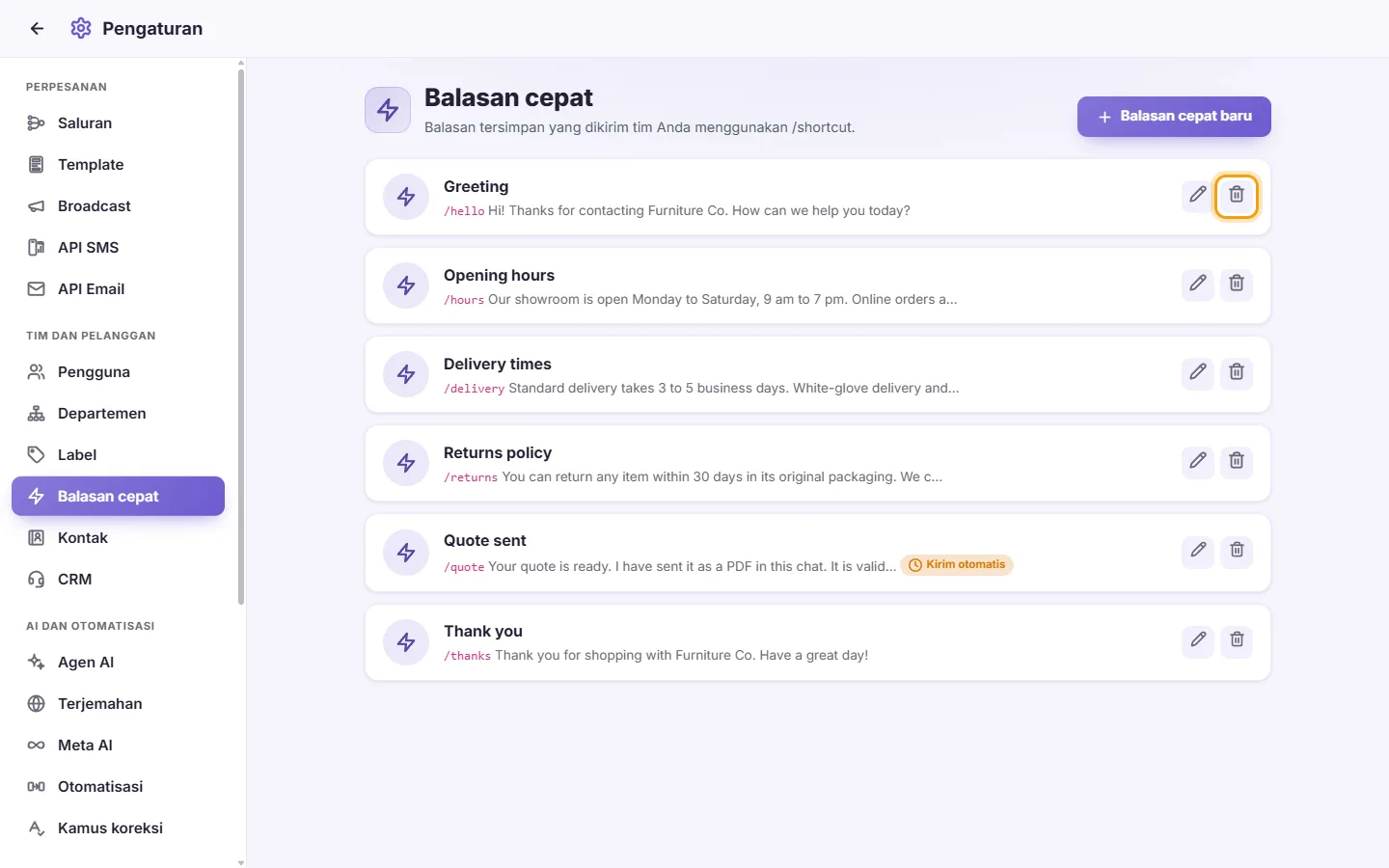 To delete a quick reply: "Delete" marked on the screen in SyBox
