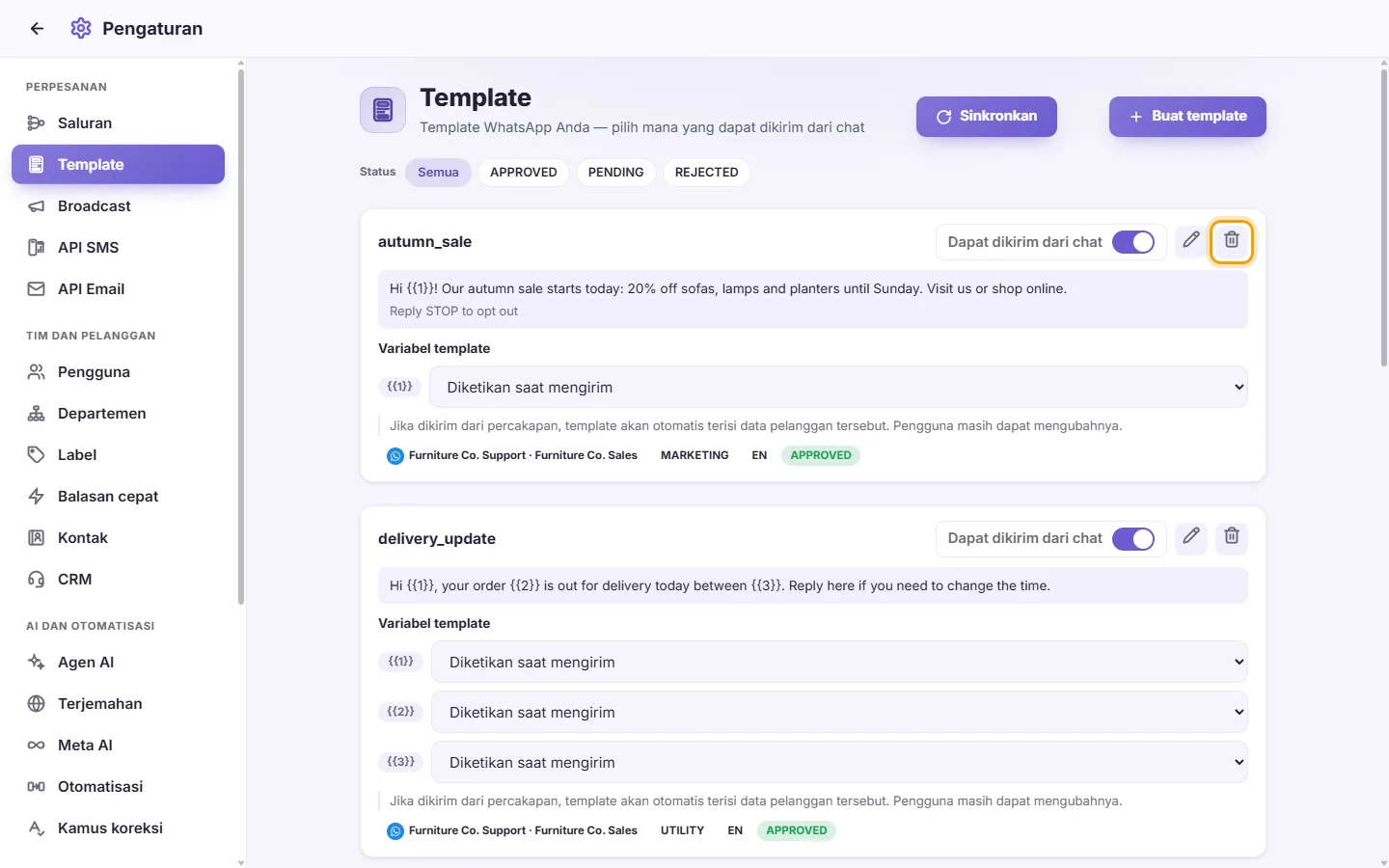 To delete a template: "Delete" marked on the screen in SyBox
