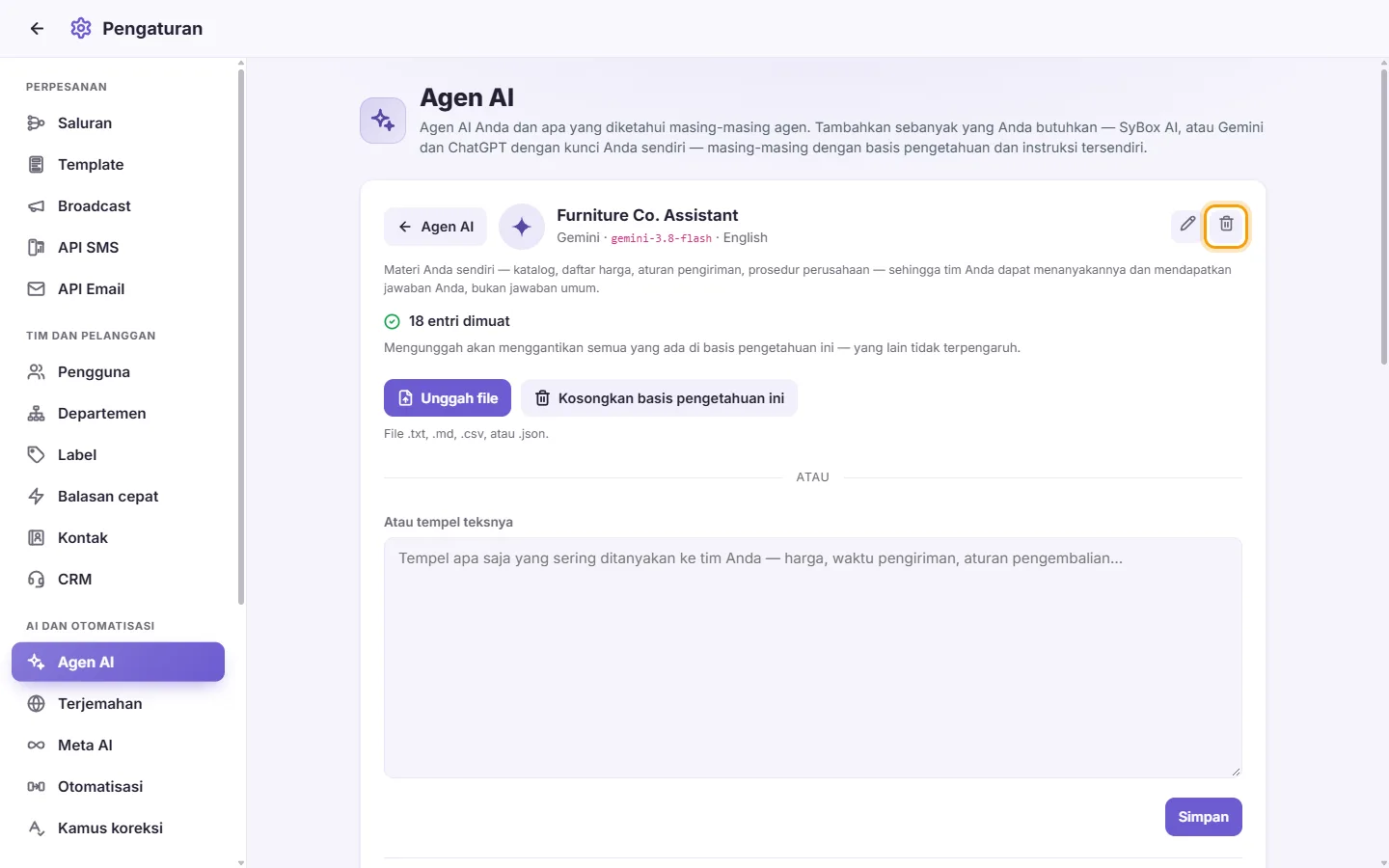 An agent's page: the trash next to its name deletes it