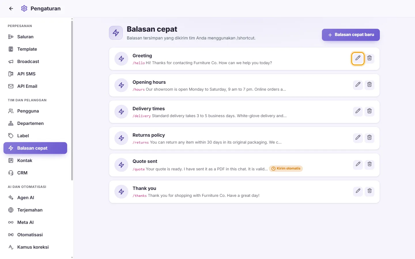 To edit a quick reply: "Edit" marked on the screen in SyBox