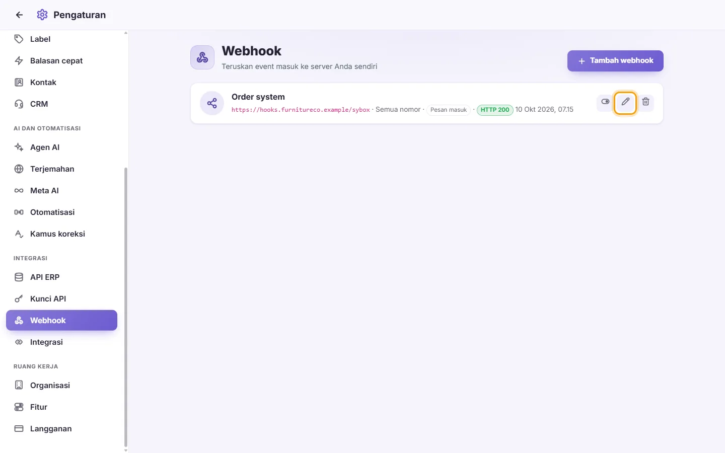 To edit, pause or delete a webhook: "Edit" marked on the screen in SyBox