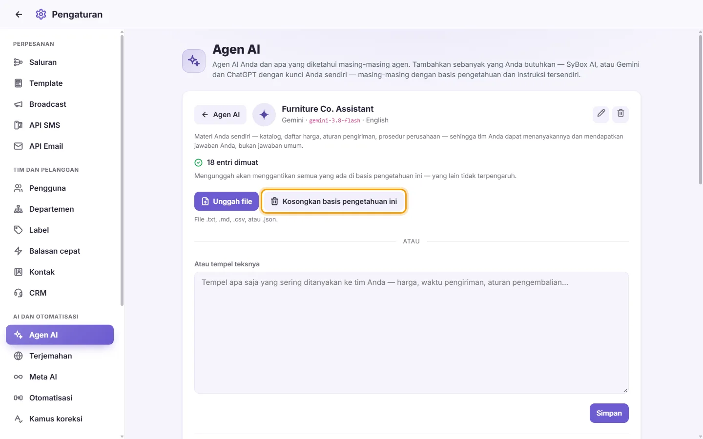An agent's page: "Clear this knowledge base" (it works once something is loaded)