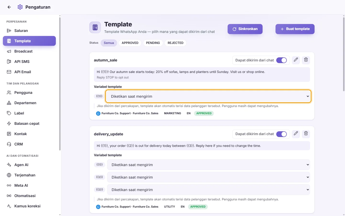 A template card: the source that fills {{1}} when the template is sent from a conversation