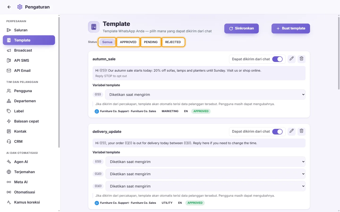 Settings, Templates: the filters All, APPROVED, PENDING and REJECTED above the cards