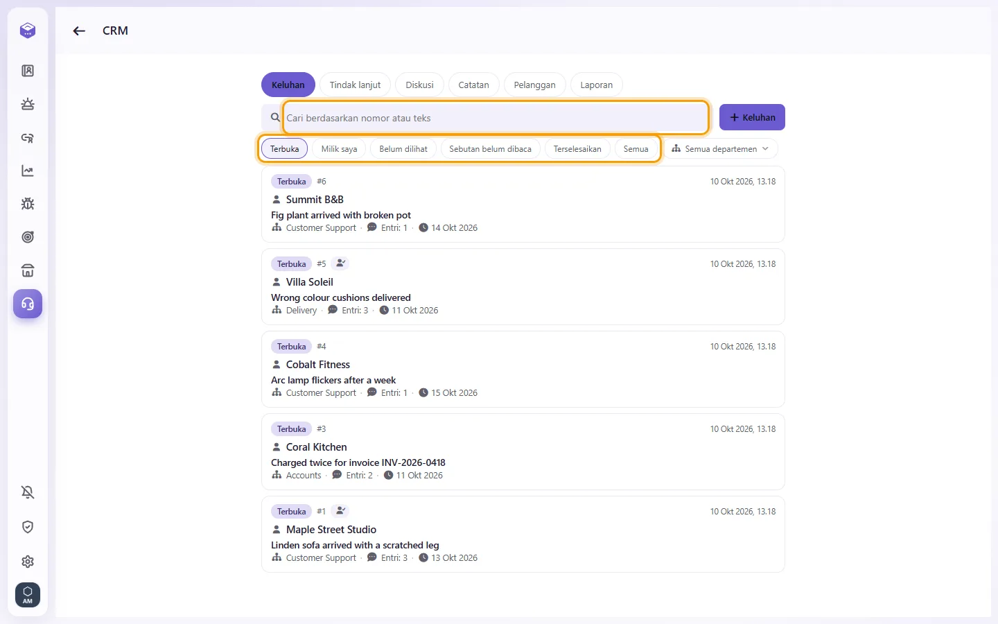 CRM: the search box (a case number or words) and the filters Open, Mine, Unseen, Unread mentions, Solved and All