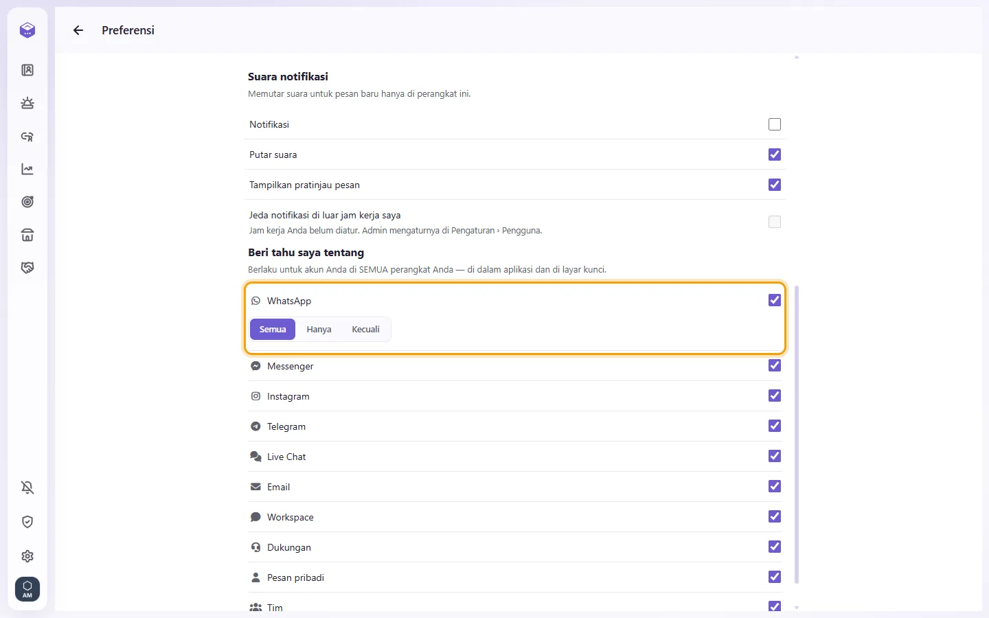 Preferences, Notify me about: a channel's All / Only / Except