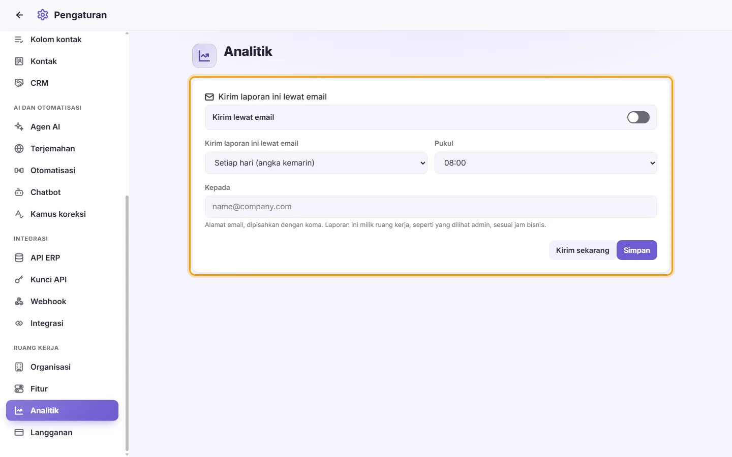 Settings, Analytics: "Email this report", daily or weekly, the hour, To, Save and Send now