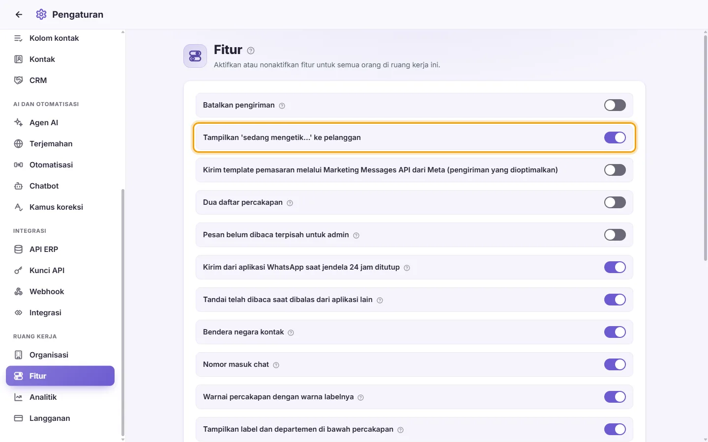 Settings, Features: the customer sees "typing…" when an agent writes