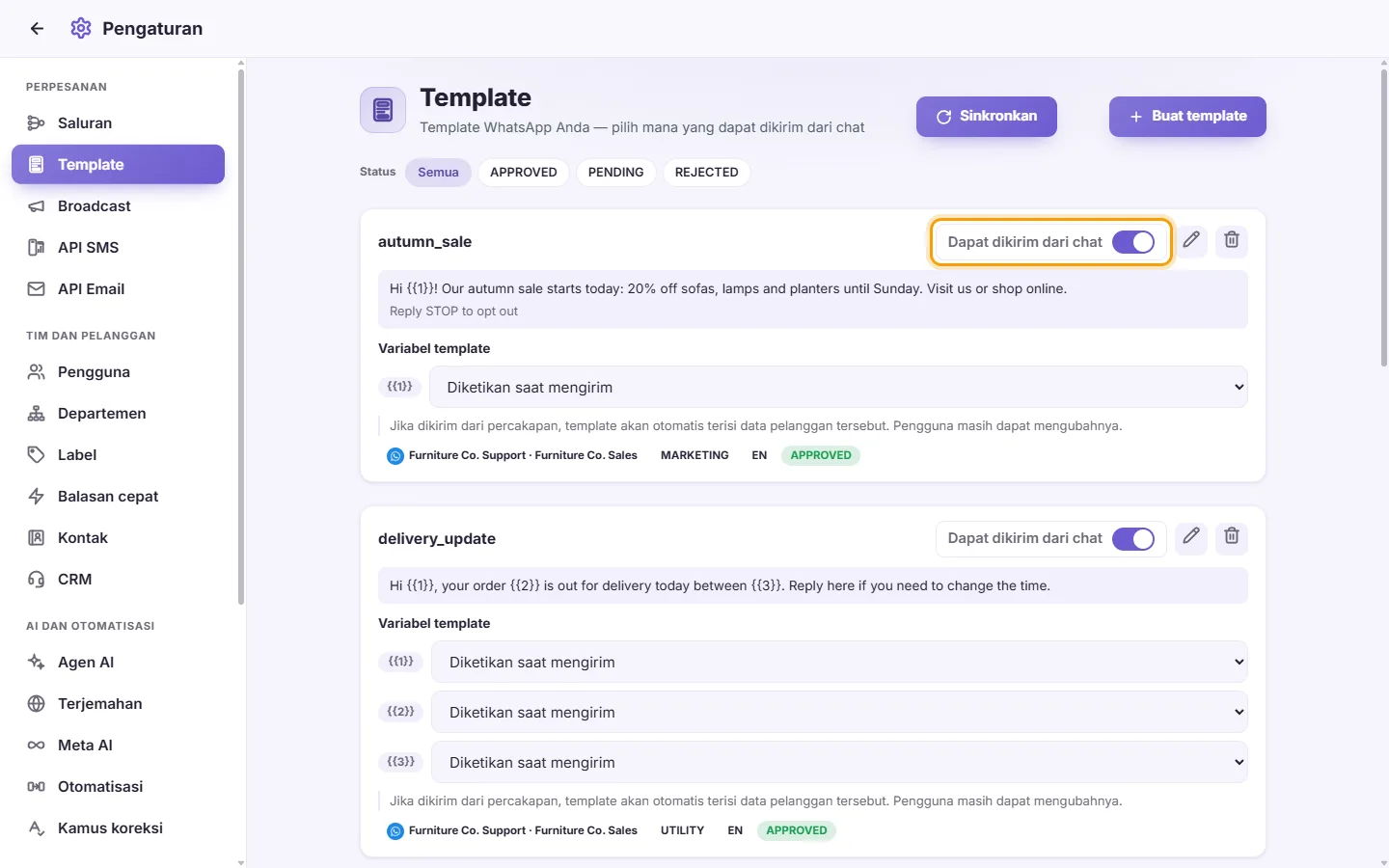 To let the team send a template from conversations: "Sendable from chat" marked on the screen in SyBox