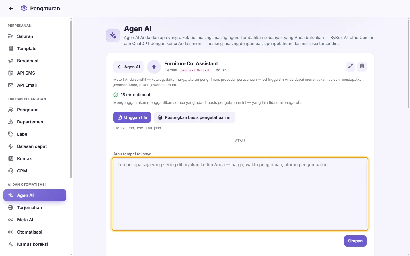 An agent's page: the "Or paste the text" box for its knowledge base