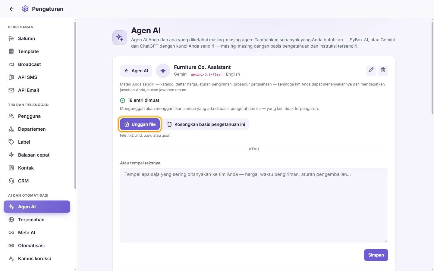 An agent's page: the "Upload a file" button for its knowledge base