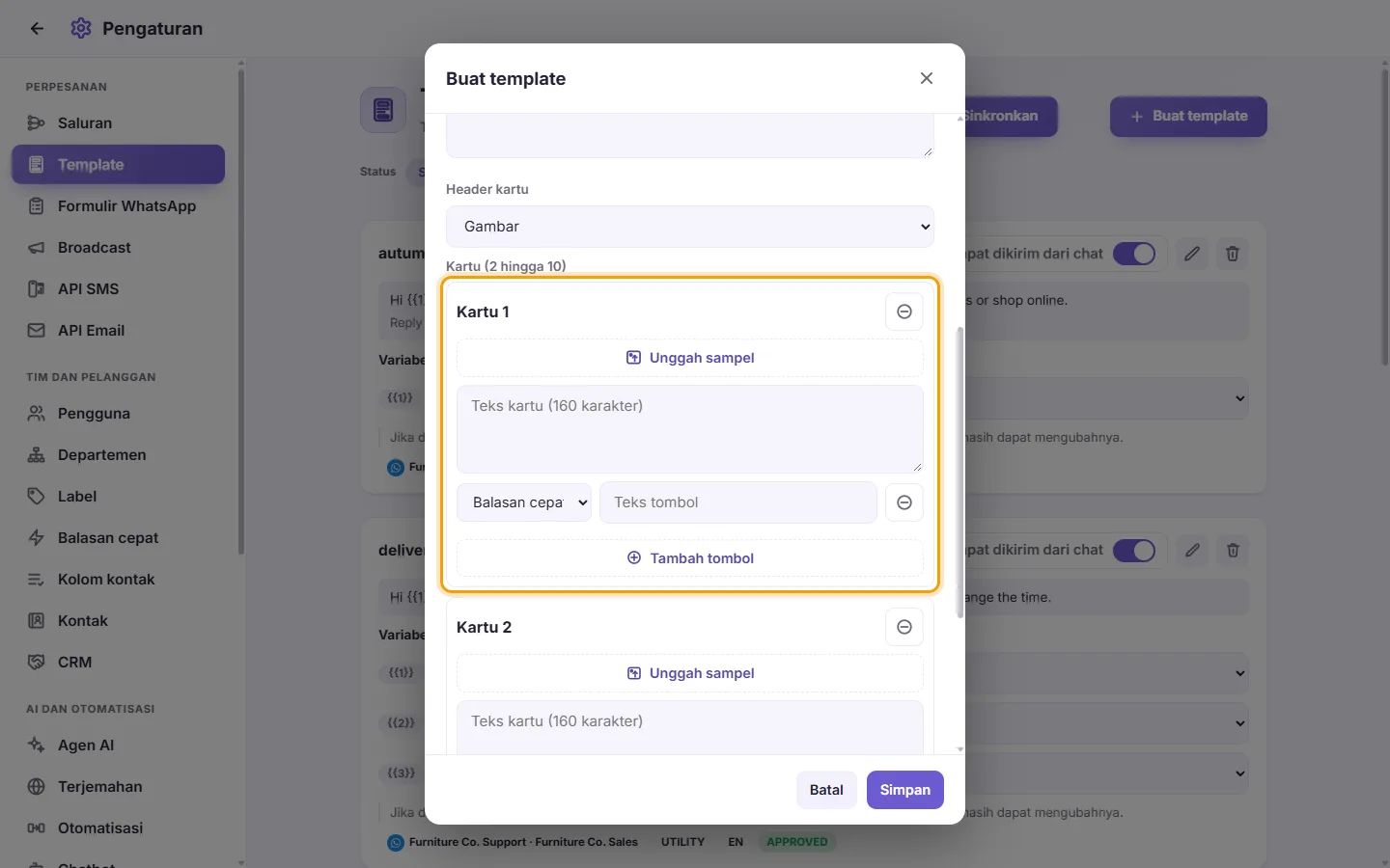 A carousel's card: its header sample, its text and its buttons