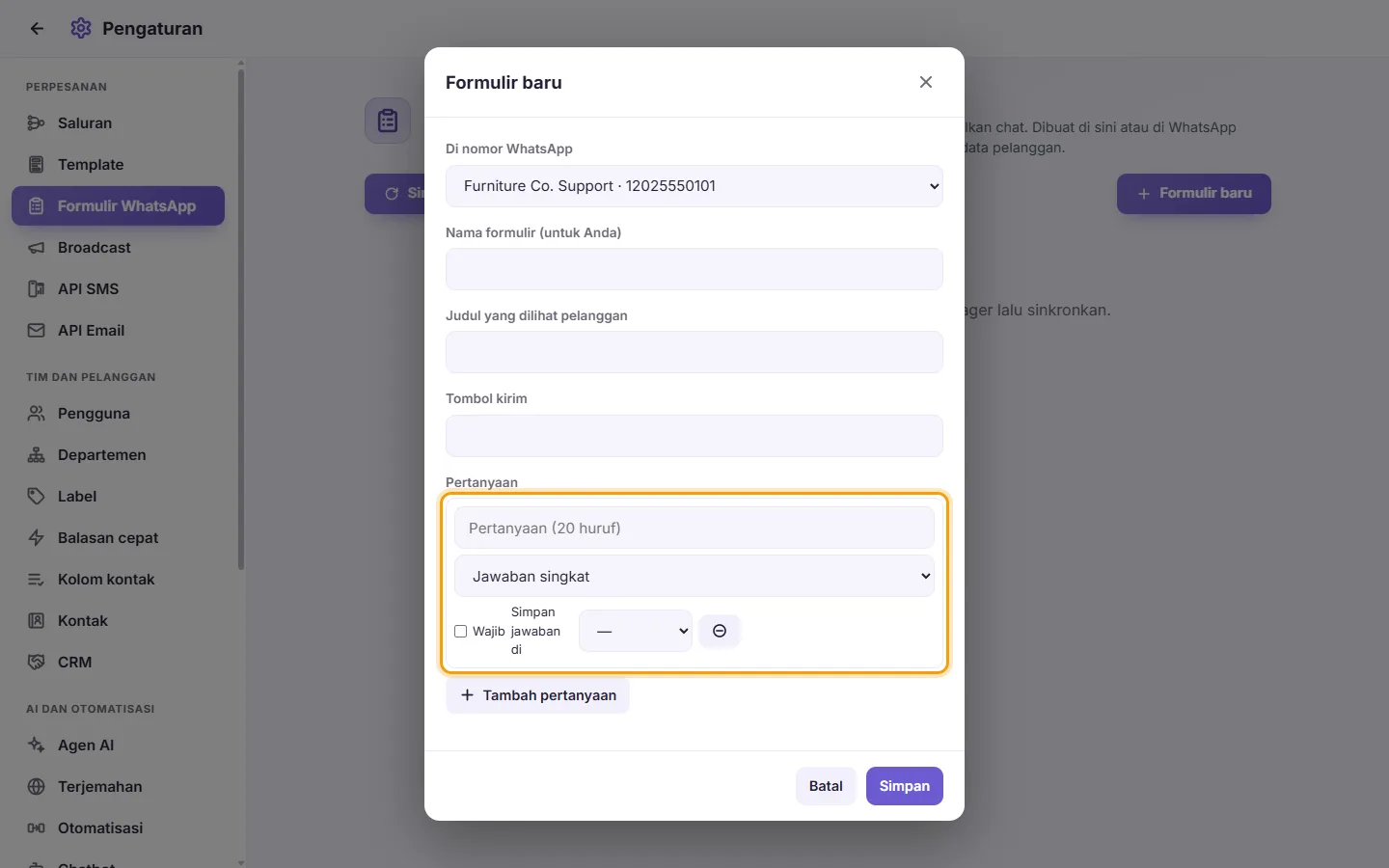 A WhatsApp form's questions: the question, its kind, Required and "Save the answer in"