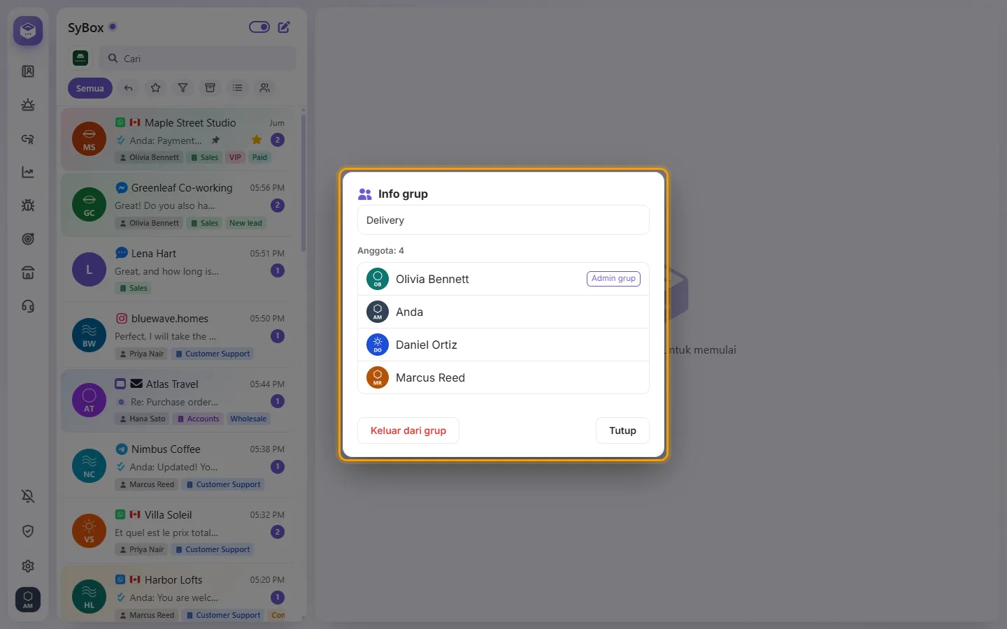 Group info: its members, the group admin marked, and Add members / Leave group
