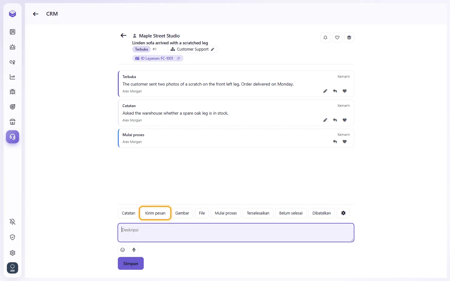 An open case: "Send message" writes to the customer