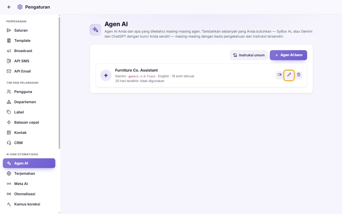 Settings, AI Agents: the pen on an agent's card opens its page