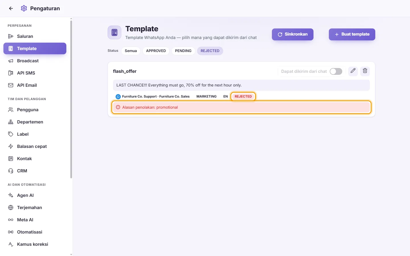 A rejected template card: its status in red and "Rejection reason: …"
