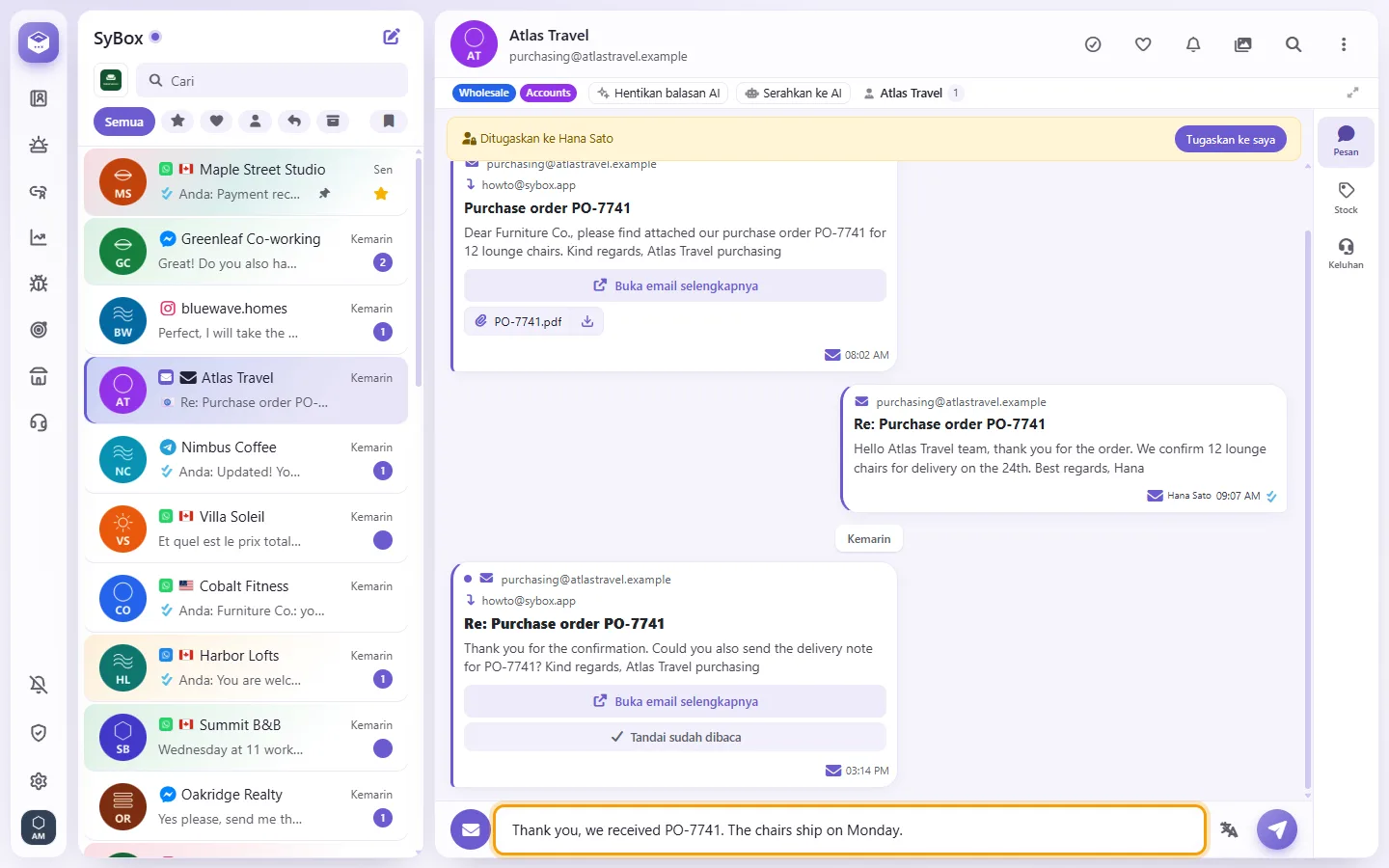 An email conversation: the reply typed in the box at the bottom, sent as an email