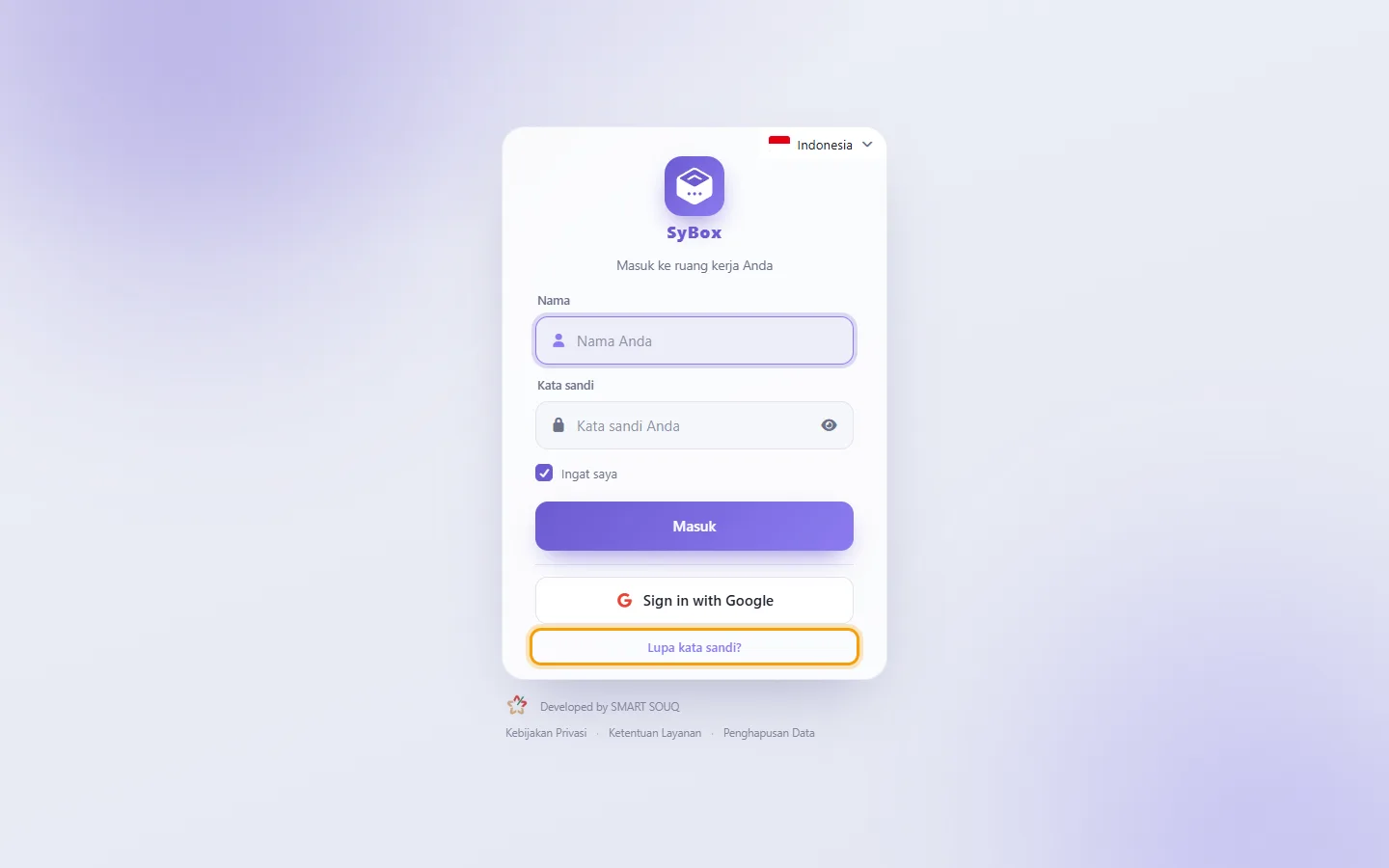 To reset your password: "Forgot password?" marked on the screen in SyBox