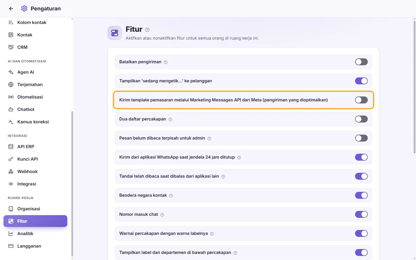 Settings, Features: marketing templates through Meta's Marketing Messages API