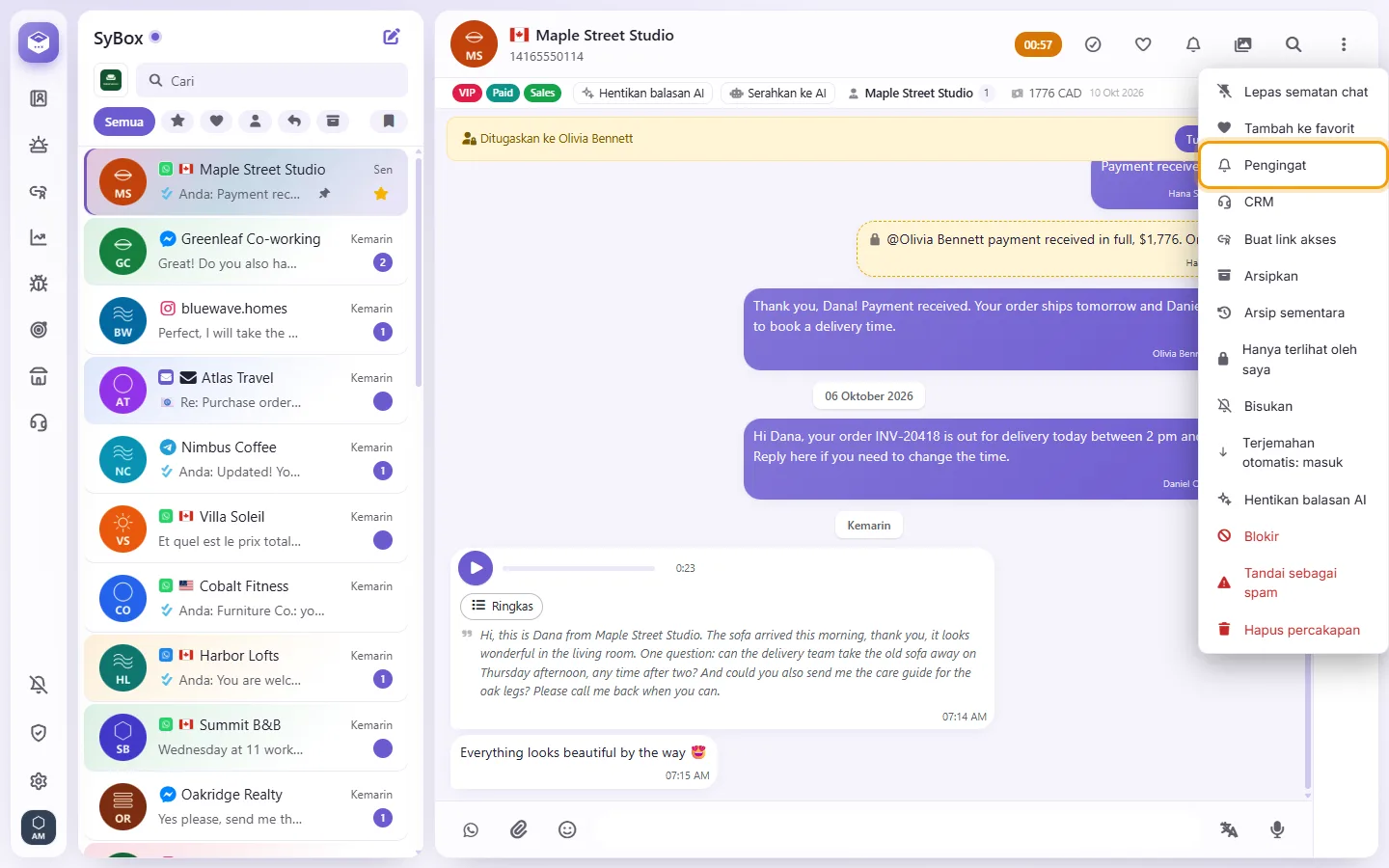 A conversation's menu: "Reminder"