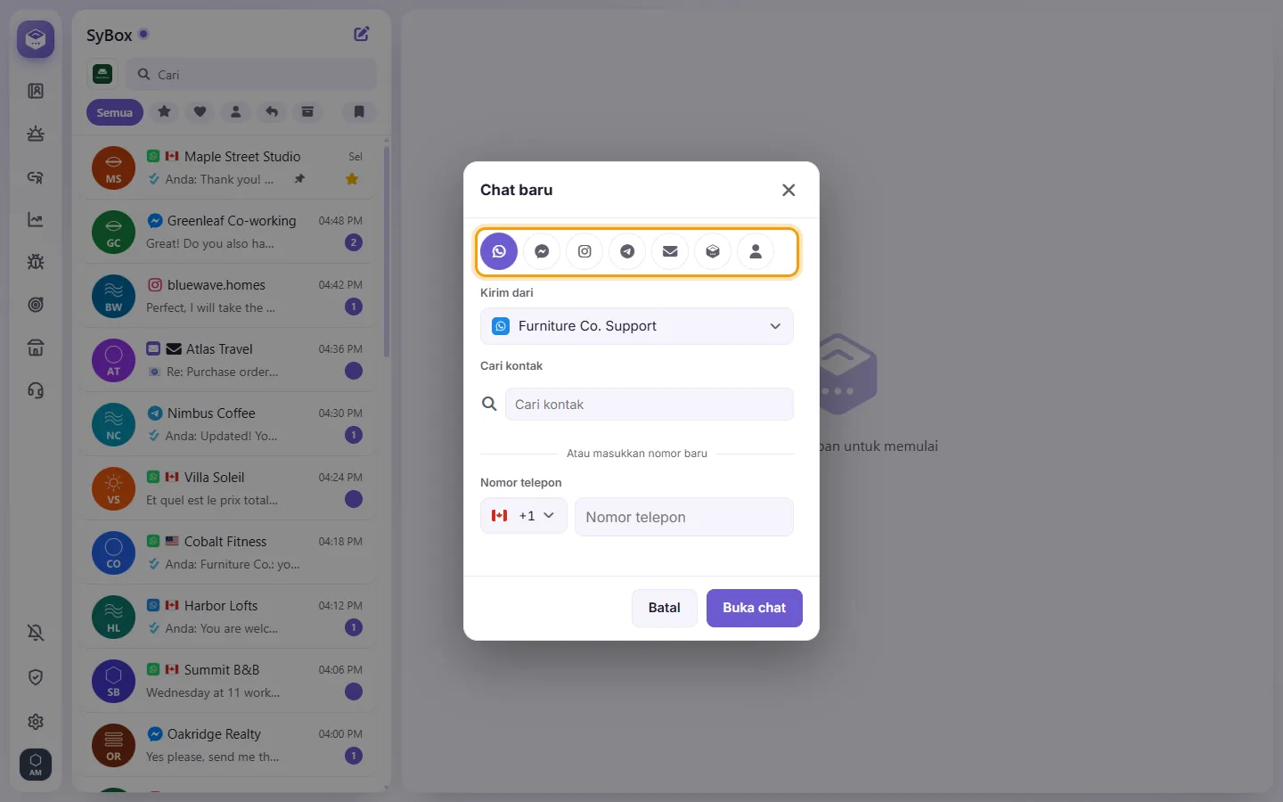 The New chat window: a tab for each channel, then the number it is sent from and the contact