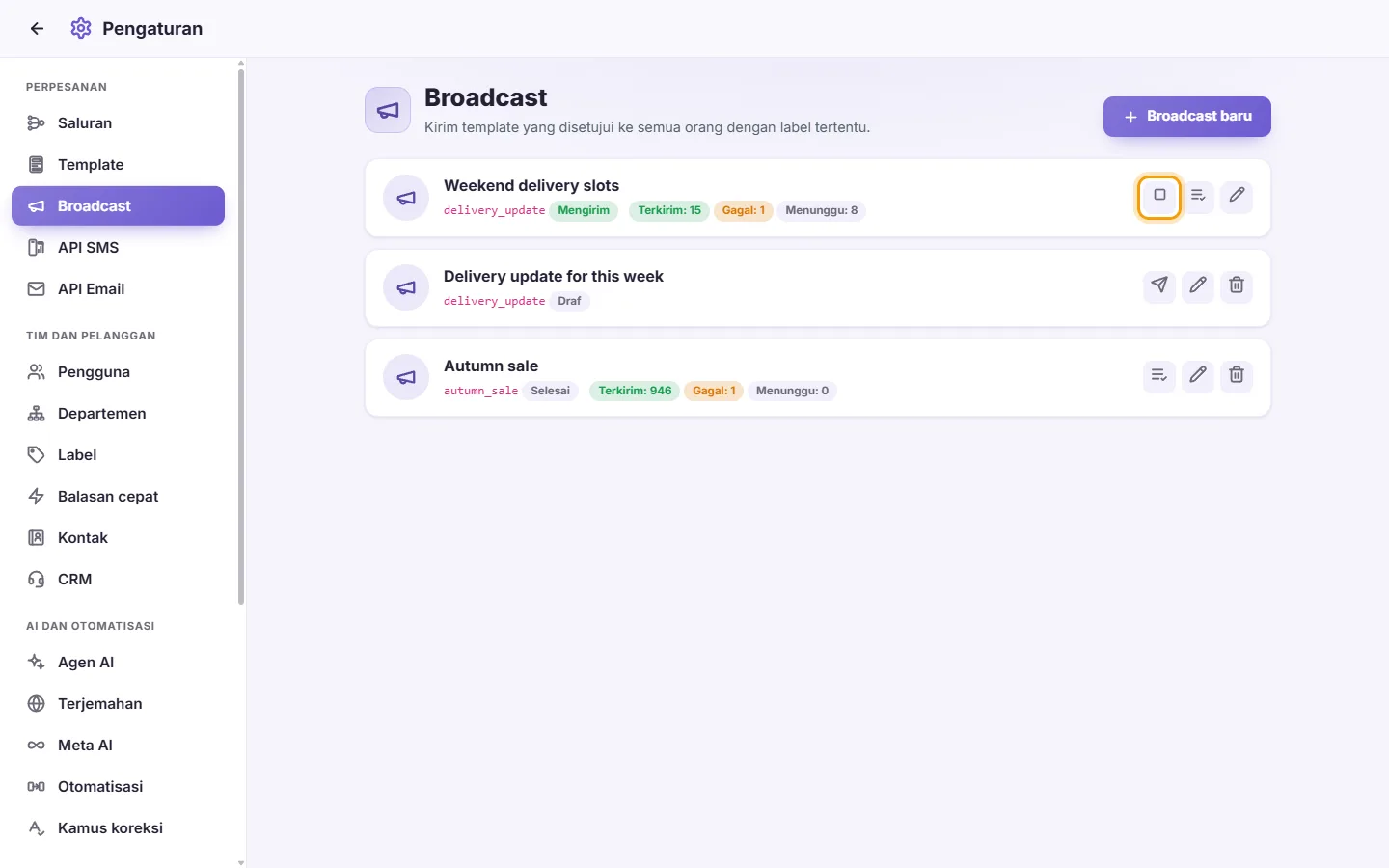 Settings, Broadcasts: a broadcast that is sending, with its Stop button