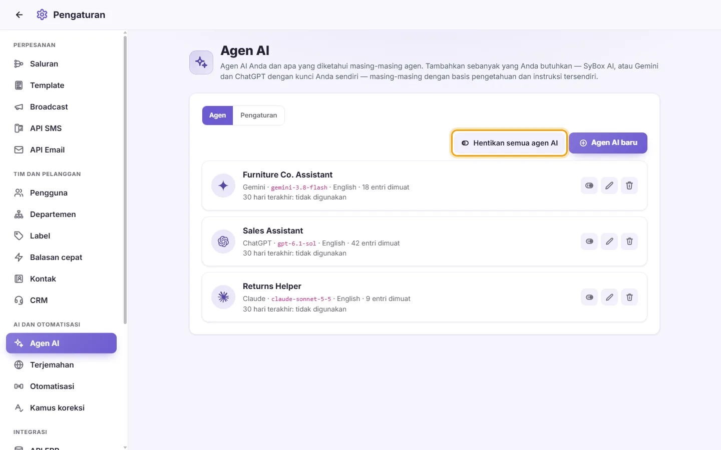 Settings, AI Agents: "Stop all AI agents" beside "New AI agent"