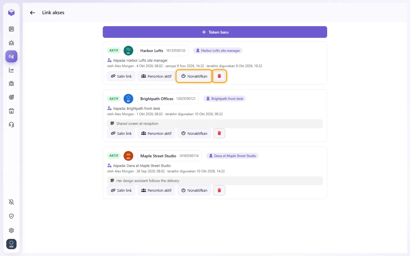 Access links: "Disable" switches a link off; the trash deletes it