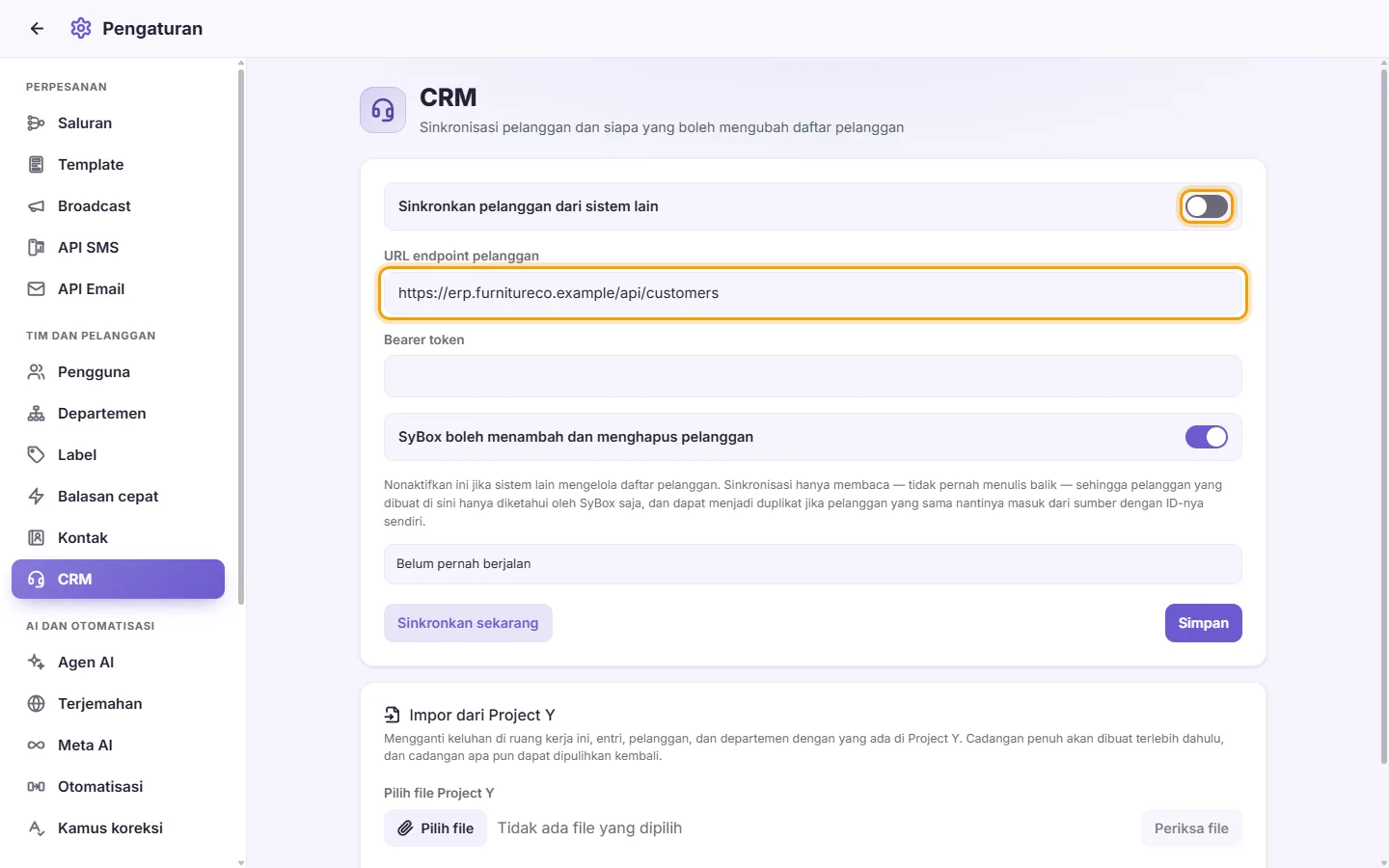 Settings, CRM: the "Sync customers from another system" switch and the address SyBox reads the customers from