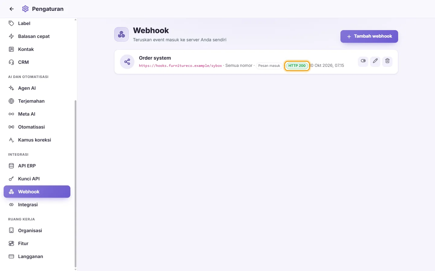 To test a webhook: "HTTP 200" marked on the screen in SyBox