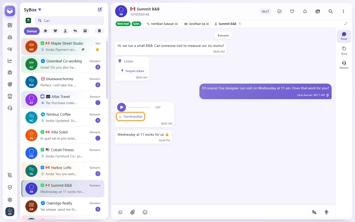 A customer's voice note with its "Transcribe" button