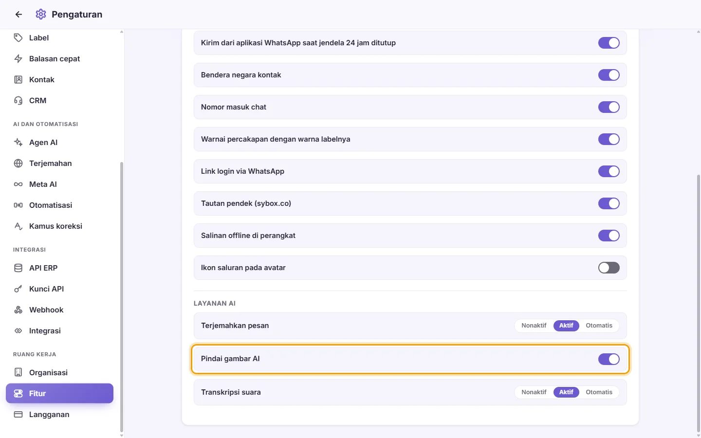 Settings, Features, AI services: the "AI image scan" switch