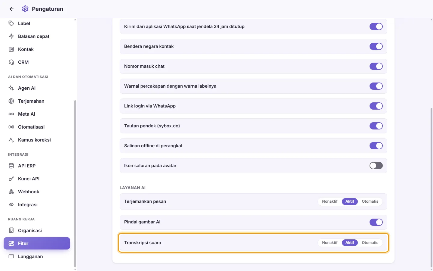 Settings, Features, AI services: "Voice transcription" with its Off, On and Auto choices
