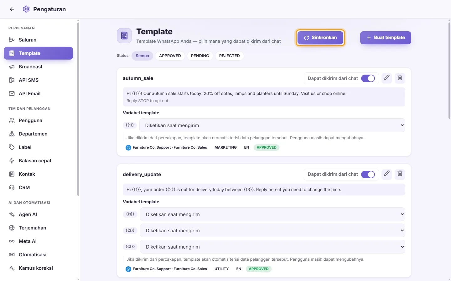 The Sync button next to "Create template"
