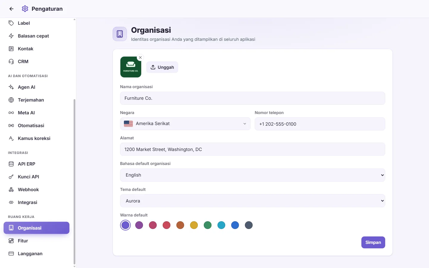 Settings, Organization: the business's name, logo, phone, address and country