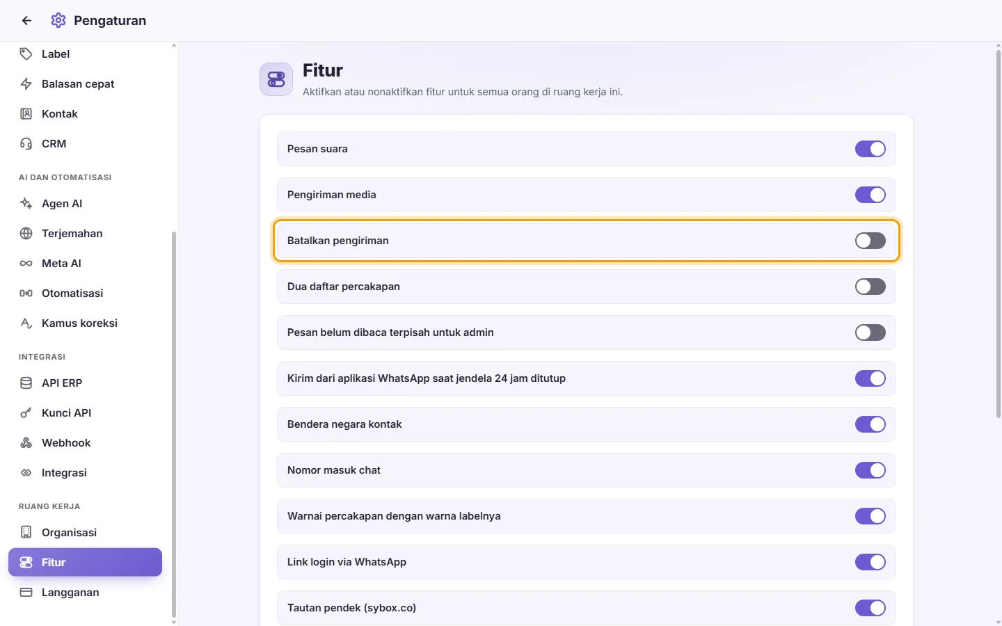 Settings, Features: each feature has a switch; clicking it saves at once