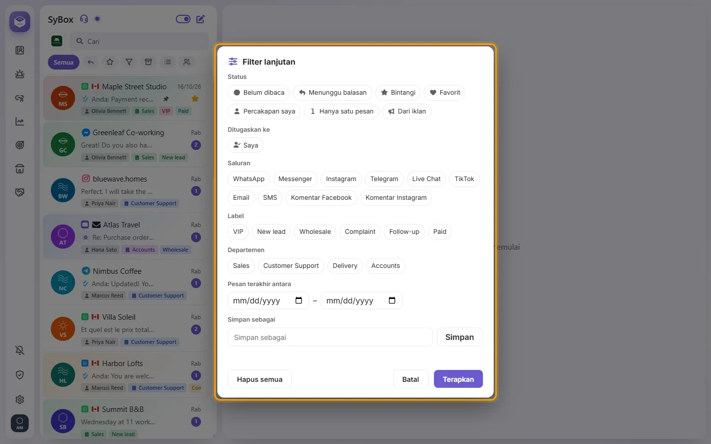 The advanced filter: status, assigned to, channels, labels, departments, contact fields, dates, and "Save as"