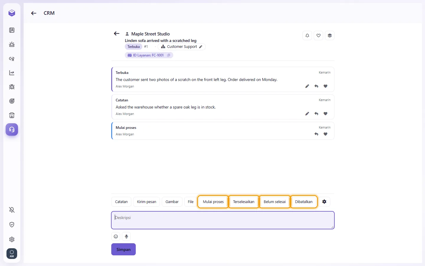 An open case: "Start processing", then "Solved", "Not solved" or "Canceled", then Save