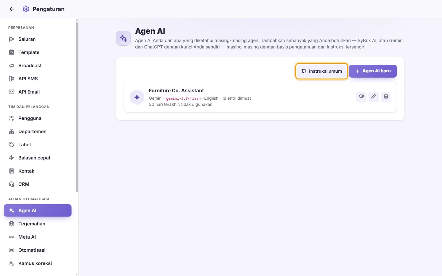 Settings, AI Agents: the "Settings" tab, where the instructions for every agent are