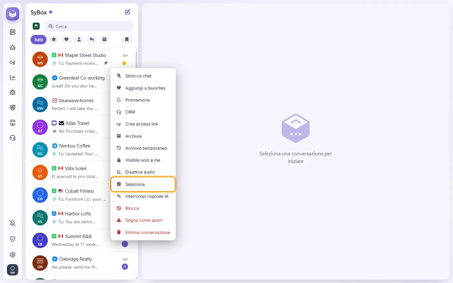 A conversation's menu in the list: "Select" starts choosing several conversations