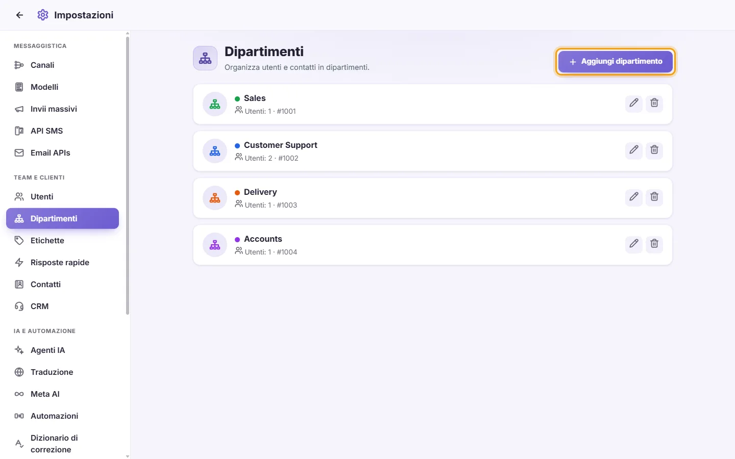 Settings, Departments: Sales, Customer Support, Delivery and Accounts, and the "Add department" button