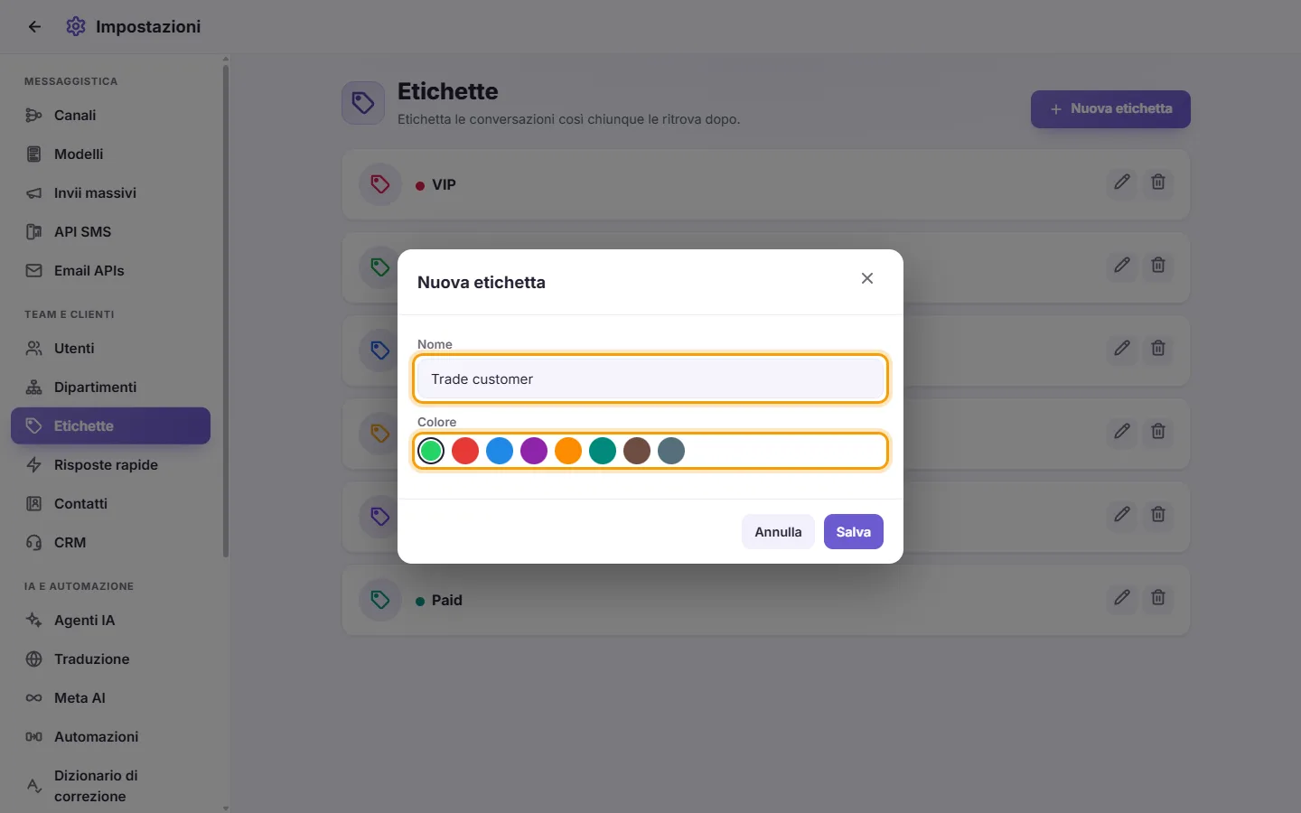 The new label window: its name ("Trade customer") and its color