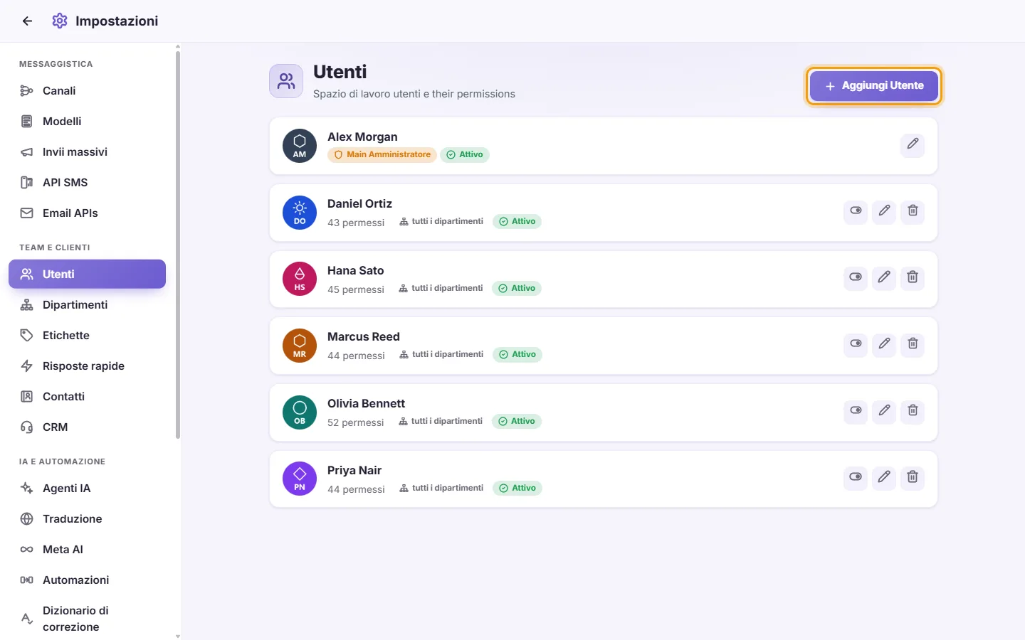 Settings, Users: the team with their departments, and the "Add user" button